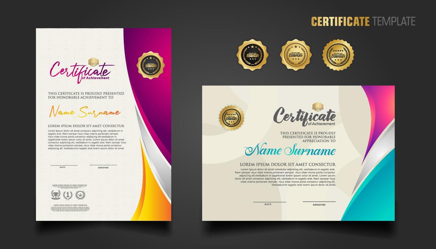 Modern certificate template with beautiful combination color on waving shape background vector