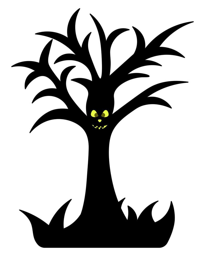 Ominous tree. Terrible grin. Silhouette. Oak with crooked branches. An eerie, toothy grimace. Vector illustration. Isolated white background. Halloween symbol. All Saints Day.