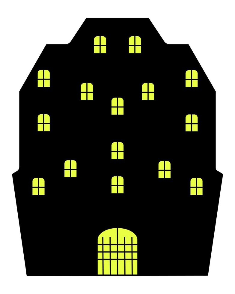 Mysterious house. Silhouette. Vector illustration. A bright light is burning in the windows of the gloomy building. There is a grate on the gate. Halloween castle. Country estate.