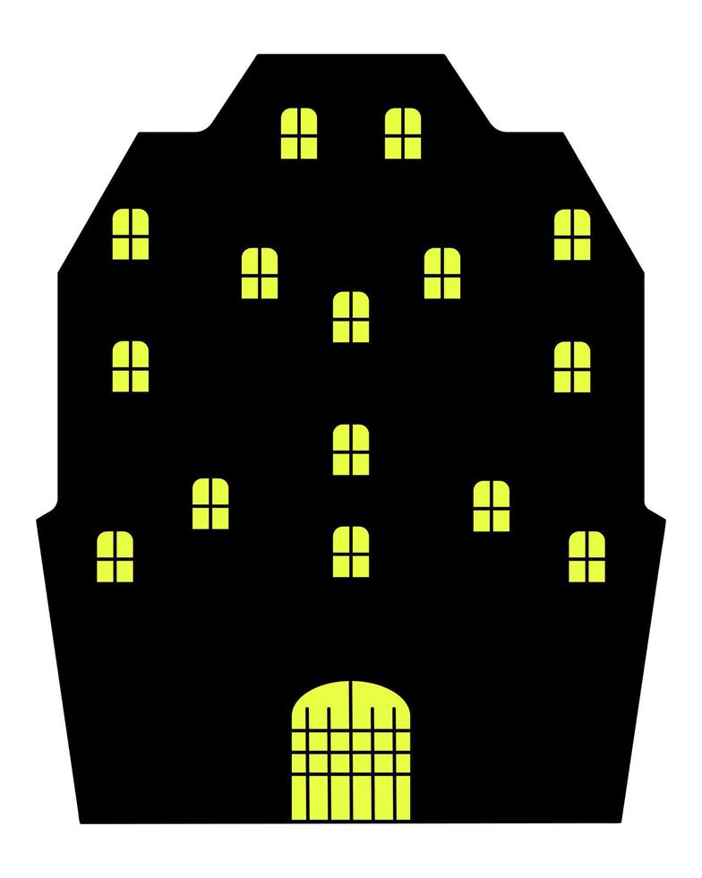 Mysterious house. Silhouette. Vector illustration. A bright light is burning in the windows of the gloomy building. There is a grate on the gate. Halloween castle. Country estate.