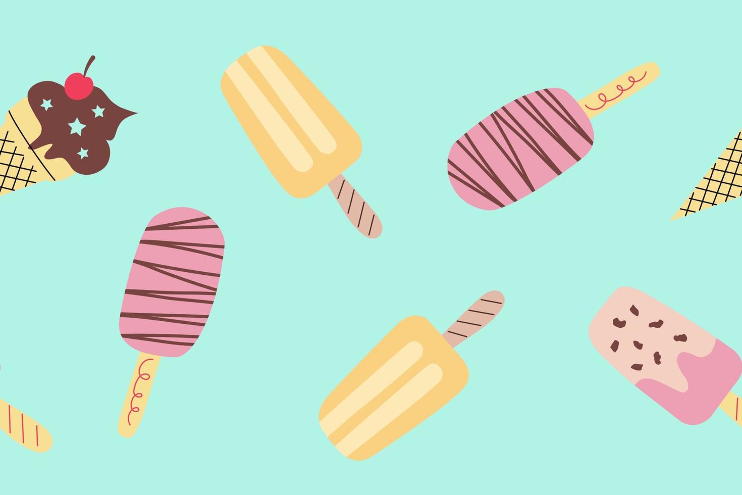 Bright seamless border different ice cream in a cute hand-drawn style. Vector blue mint background