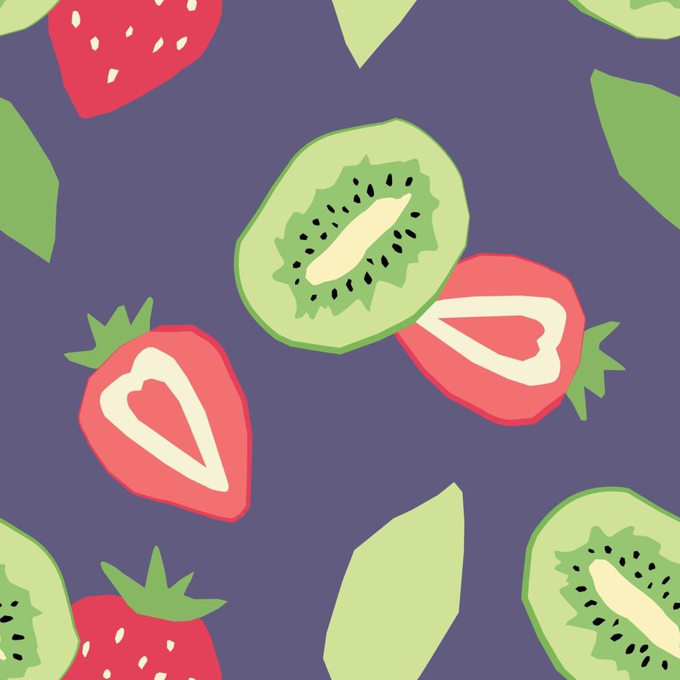 Dark blue abstract seamless pattern with strawberry and kiwi in flat style. Vector wallpaper on a white background. Perfect for textiles or surface design