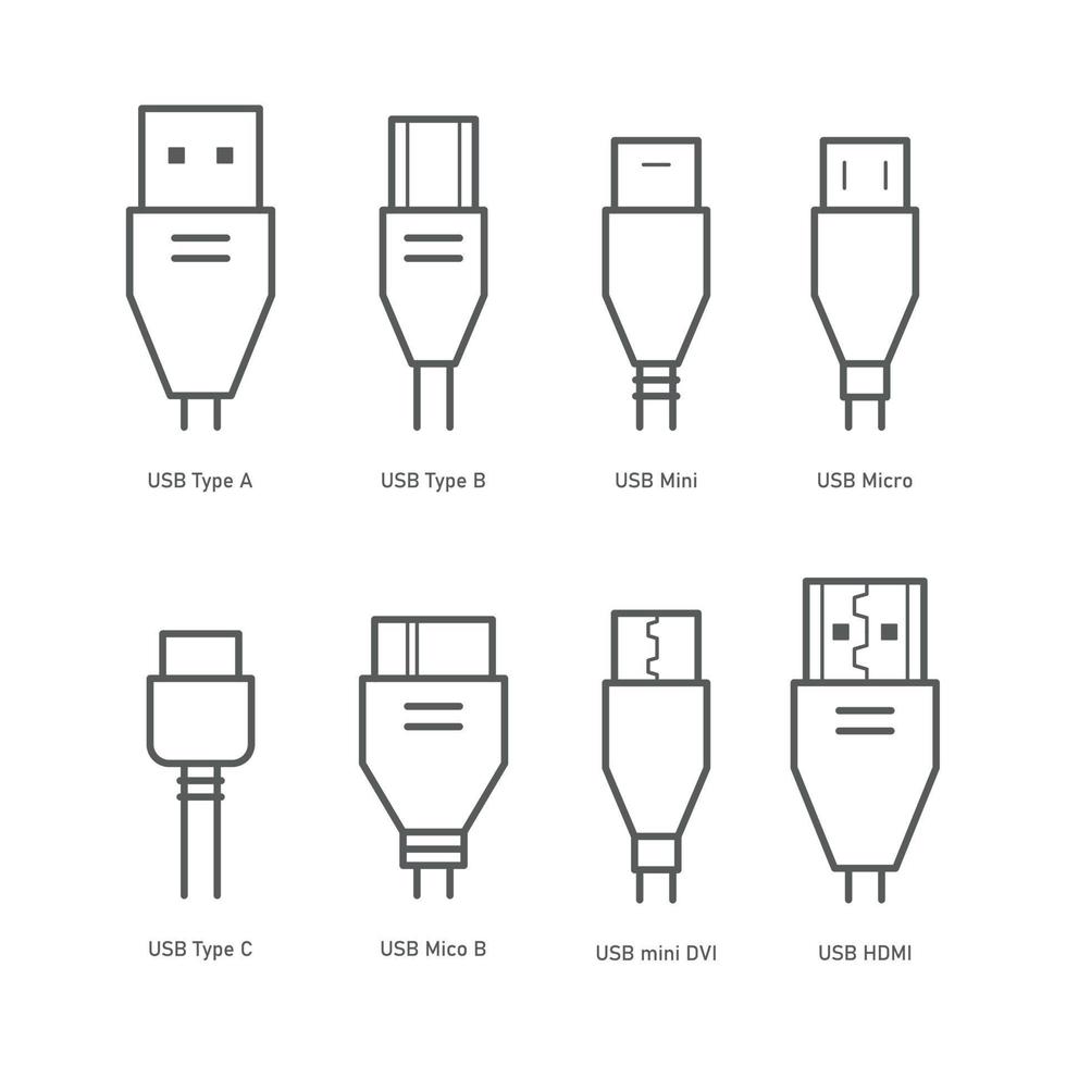 conjunto de iconos de línea de conectores de cable. enchufe usb. ilustración vectorial sobre fondo blanco vector