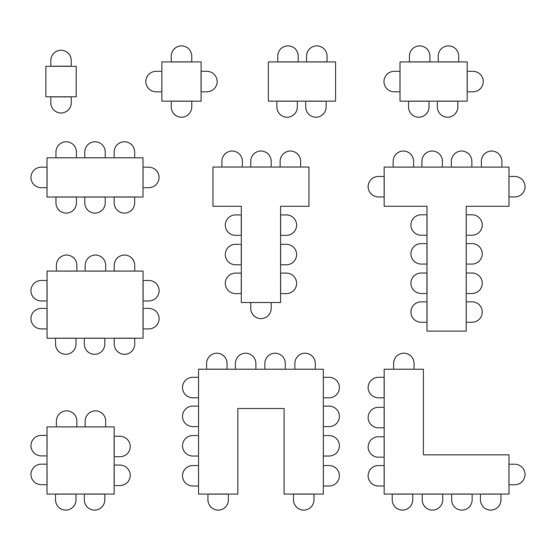 Table seating plan line icon set. Furniture top view blueprint. Tables