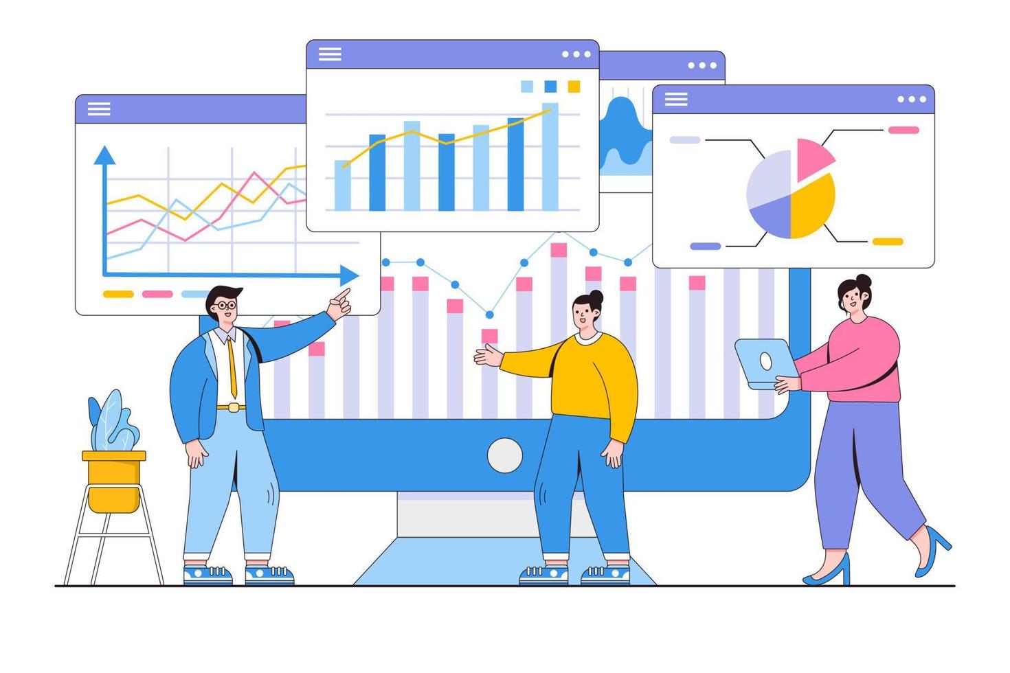 reunión plana del equipo de negocios que trabaja para planificar, analizar y monitorear la presentación en el concepto de tablero de informes web. ilustración de vector mínimo de estilo de diseño de esquema