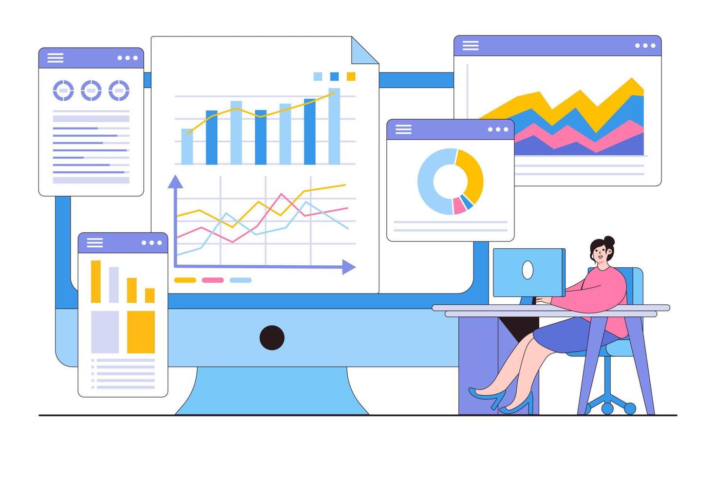 Flat data analysis dashboard business financial report market monitoring strategy concept. Outline design style minimal vector illustration