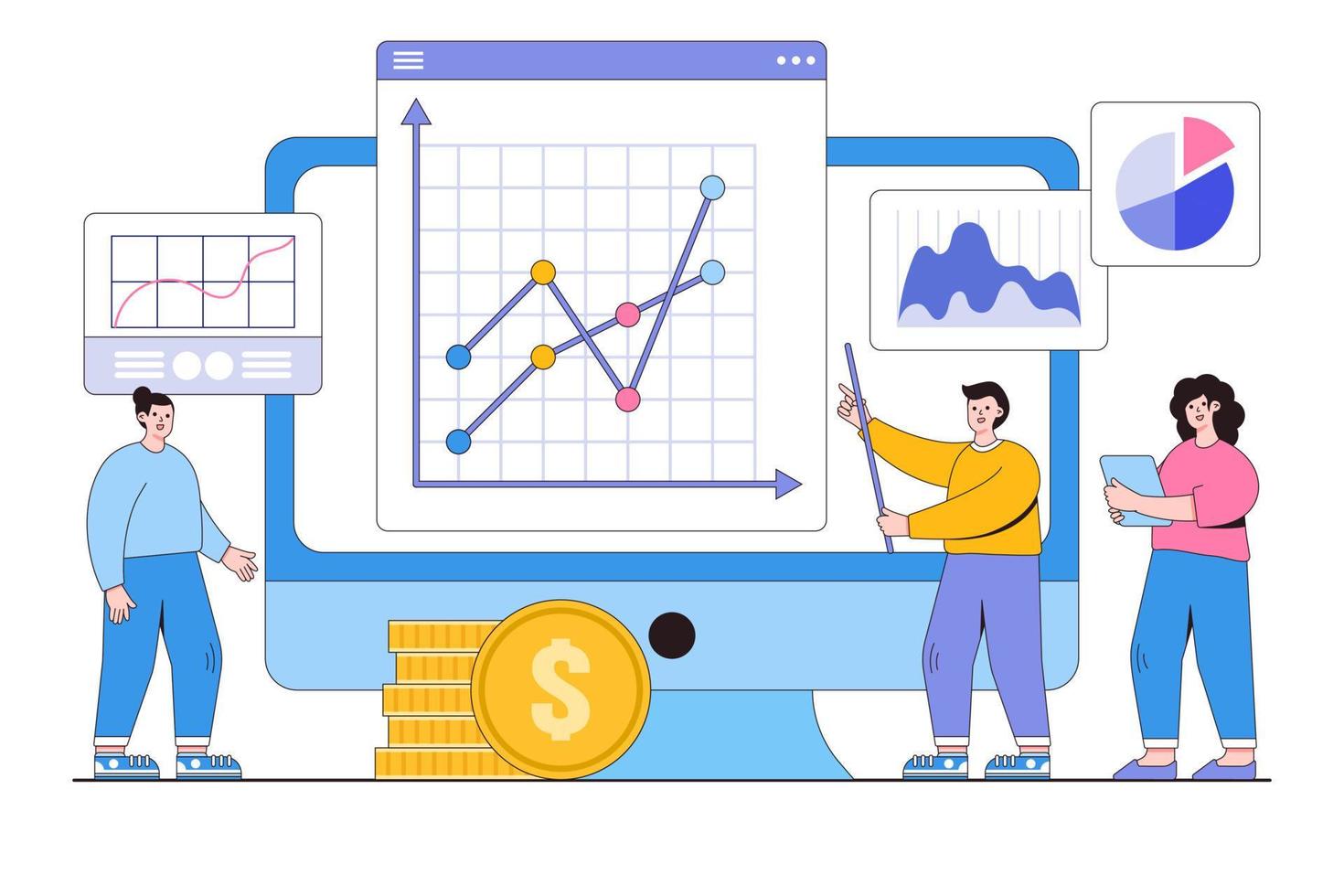 Flat business people analyzing and monitoring on financial investment report dashboard monitor concept. Outline design style minimal vector illustration