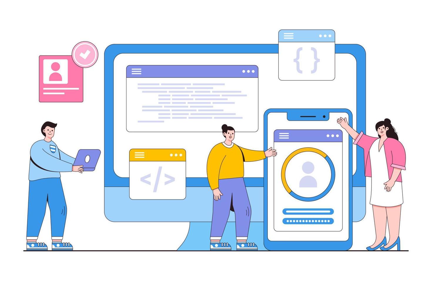 Flat business developer team working on device monitor concept. Outline design style minimal vector illustration