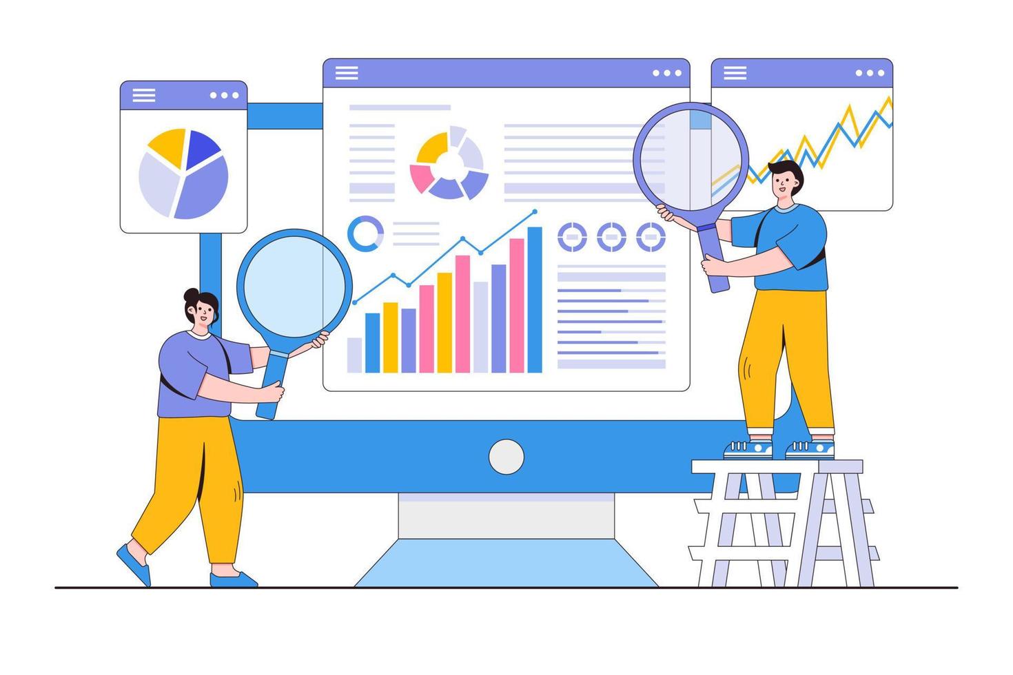 Flat business people analytics research, monitoring report graph investment, finance planning concept. Outline design style minimal vector illustration