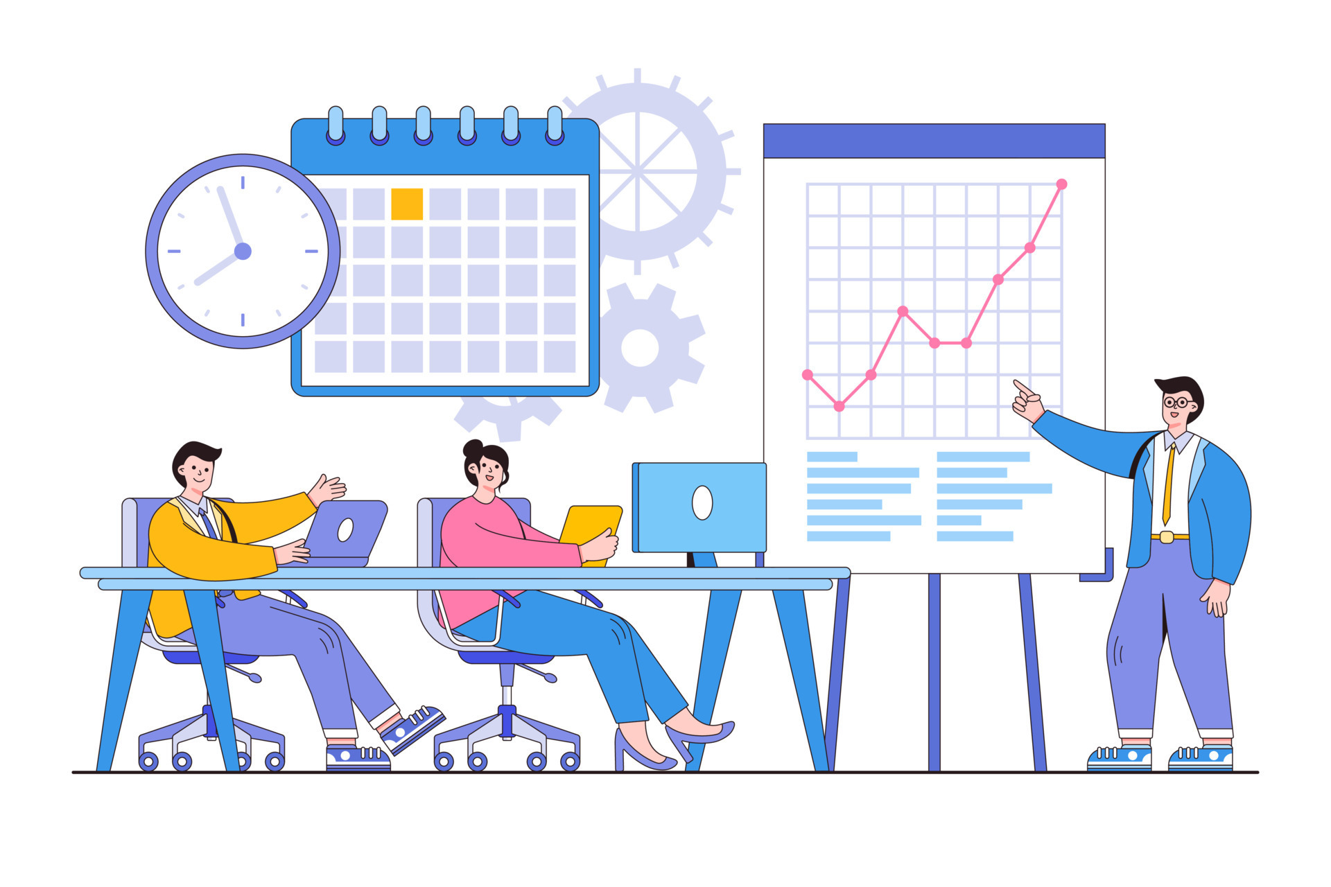 Flat group business team meeting and planning for working concept