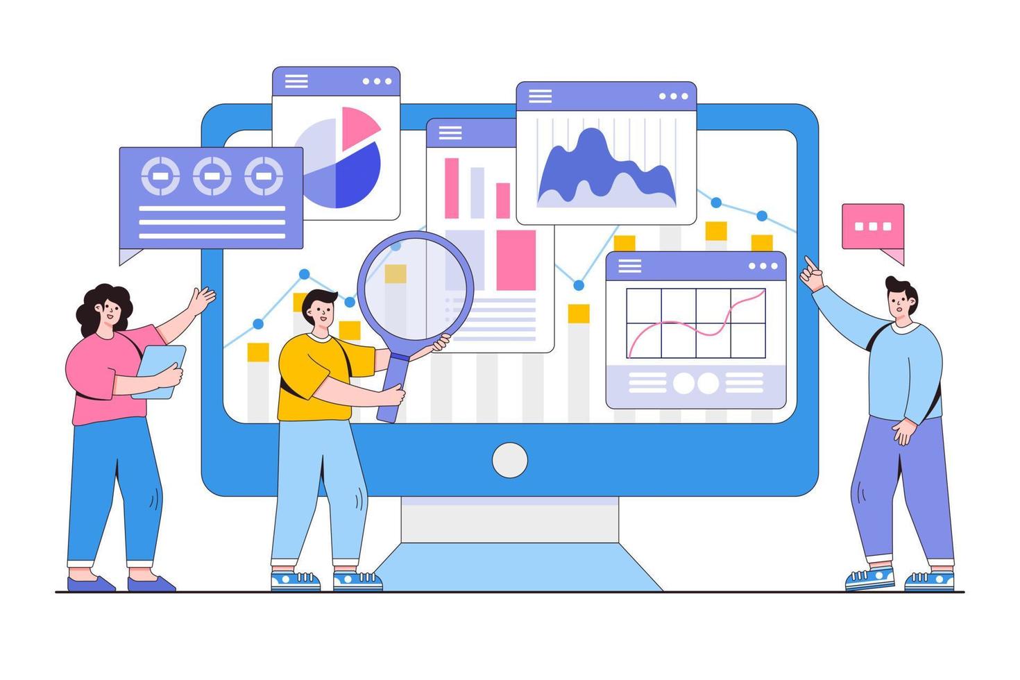 concepto plano de análisis, investigación, planificación y estadísticas de datos comerciales. personas que trabajan para monitorear el tablero de informes web y financiar la inversión. ilustración de vector mínimo de estilo de diseño de esquema