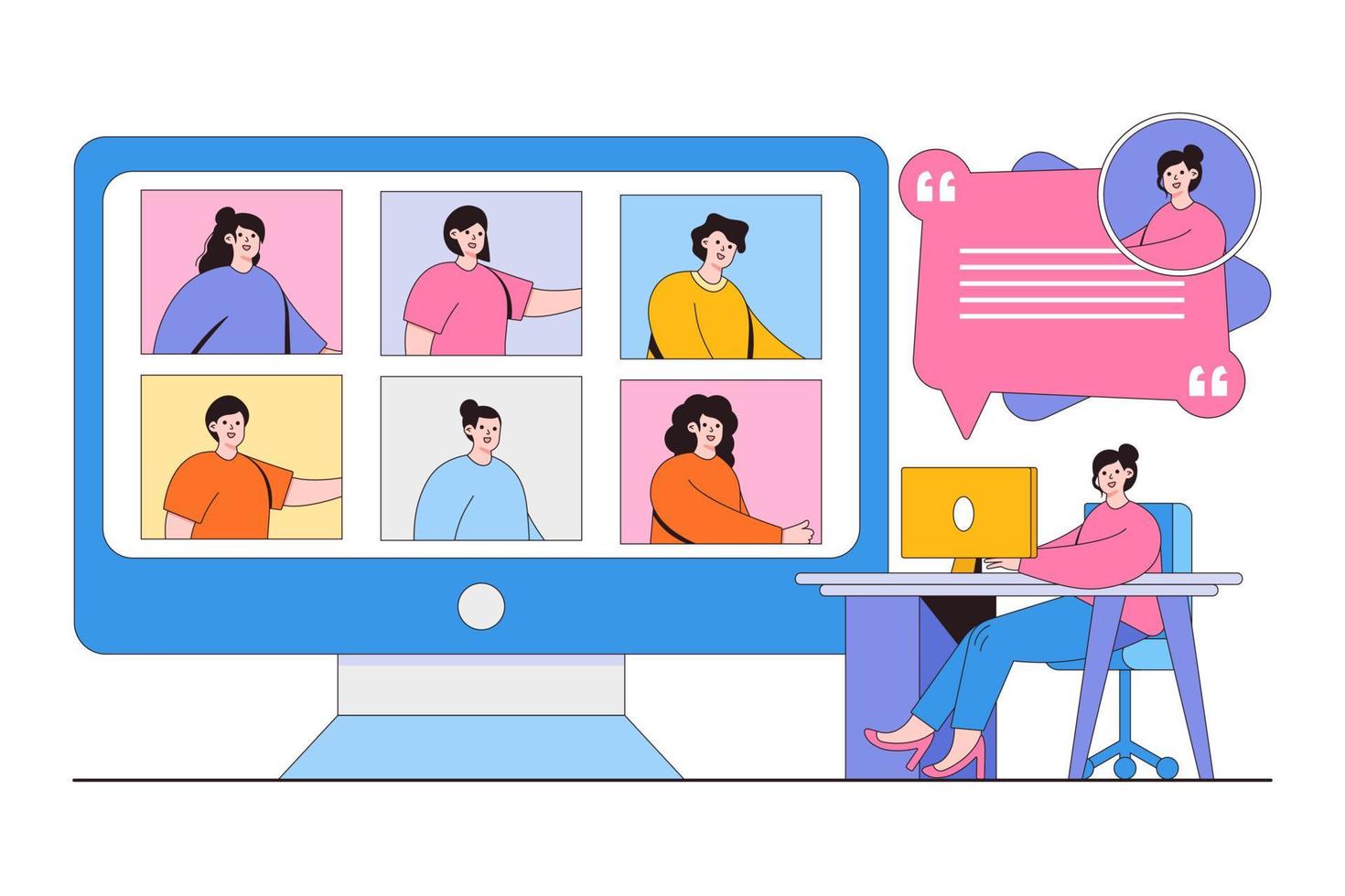 negocio plano trabajando desde casa y en cualquier lugar concepto. videoconferencia en línea de personas para reunirse con tecnología remota. ilustración de vector mínimo de estilo de diseño de esquema