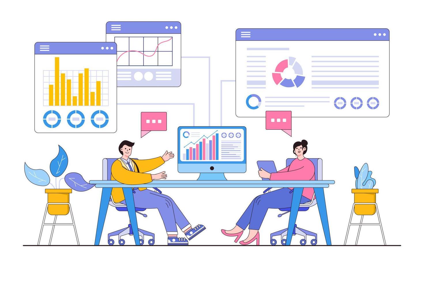 consulta financiera empresarial plana y concepto de analista. planificación de inversiones en el gráfico de informe del monitor. ilustración de vector mínimo de estilo de diseño de esquema