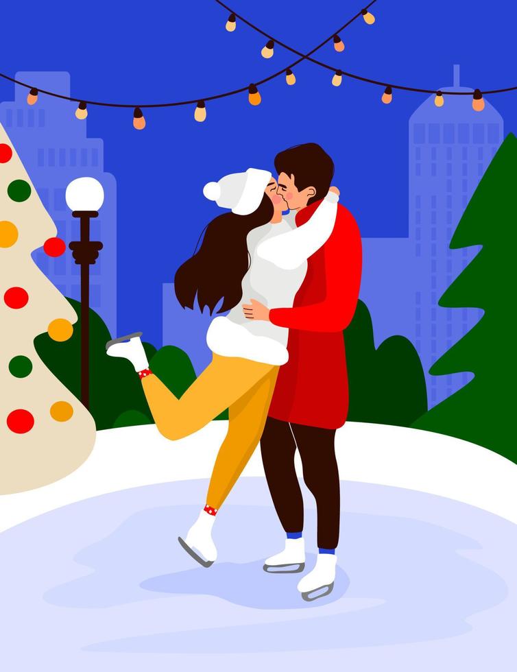 Romantic Christmas couple kissing at skating rink. Xmas eve together concept. Man and woman cuddling next to the Christmas tree. Abstract cityscape background. vector