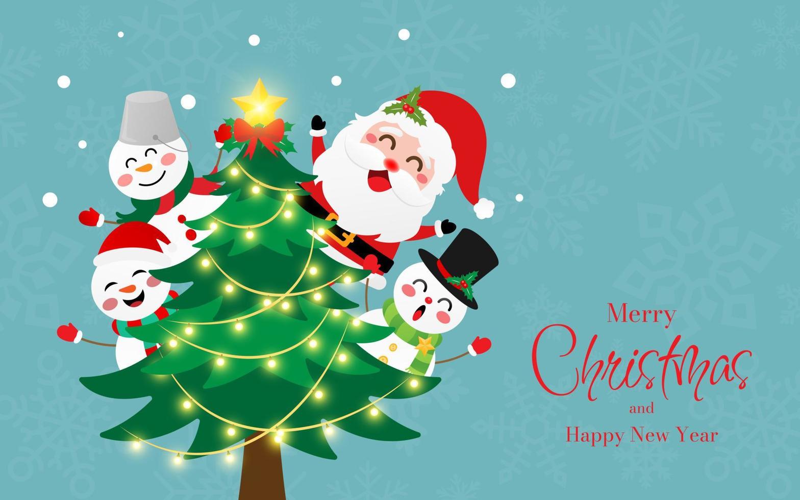 postal navideña de santa claus y muñeco de nieve con árbol de navidad, feliz navidad vector