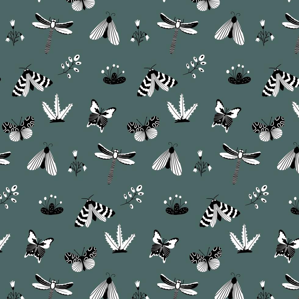 Seamless pattern with black and white butterflies, moths, dragonflies and botanical elements. Vector pattern in cartoon style. For clothing, fabric, wallpaper and all prints on a white background