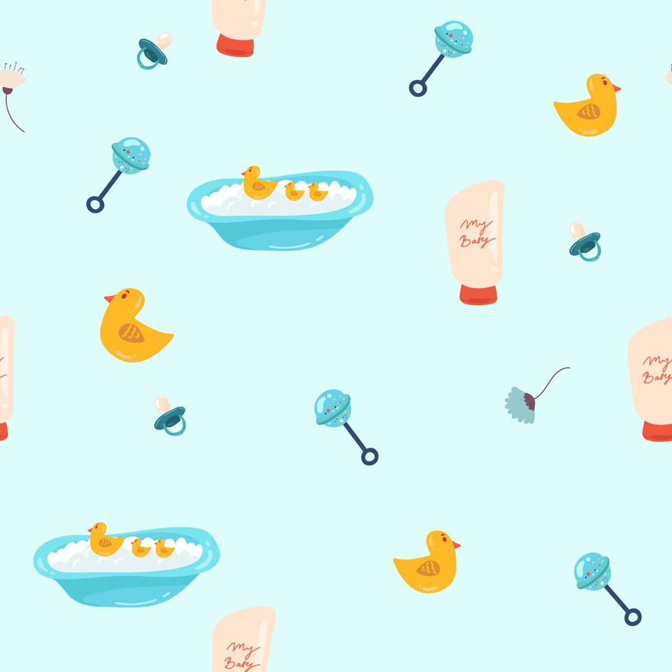 Seamless baby pattern in pastel colors with toys objects. vector