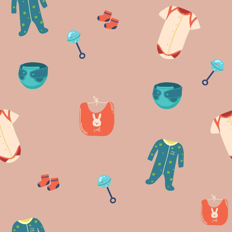Seamless pattern with baby things, black and white icons vector