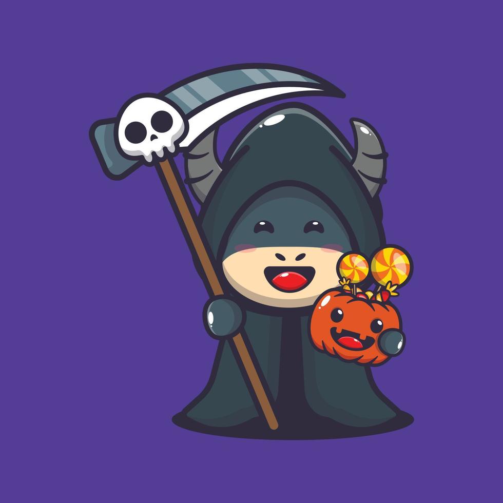 Cute grim reaper buffalo holding scythe and halloween pumpkin. Cute halloween cartoon illustration. vector