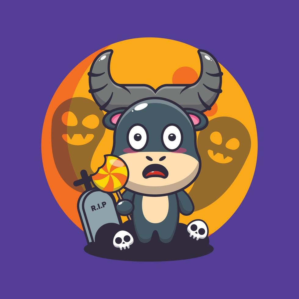 Cute buffalo scared by ghost in halloween day. Cute halloween cartoon illustration. vector
