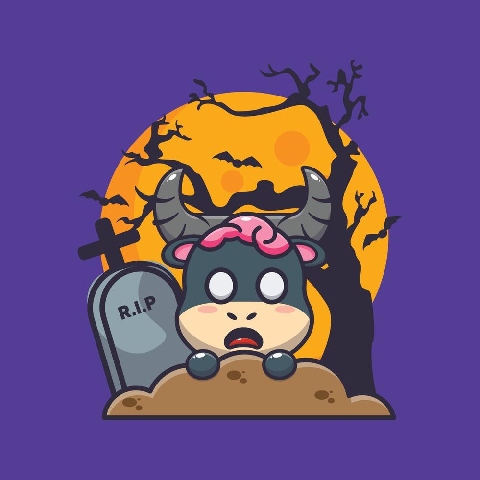 Cute zombie buffalo rise from graveyard in halloween day. Cute halloween cartoon illustration. vector