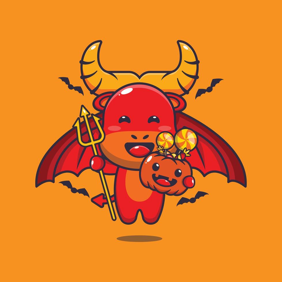 lindo diablo búfalo en el día de halloween. linda ilustración de dibujos animados de halloween. vector