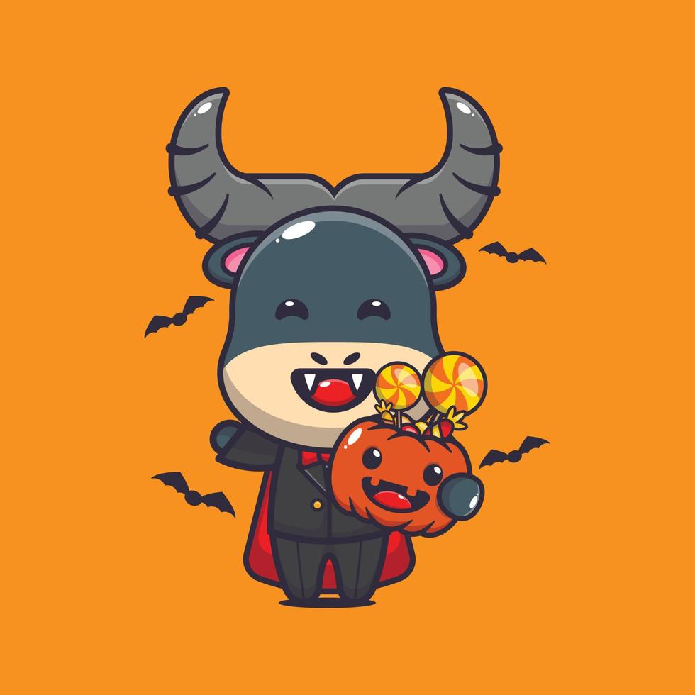 lindo búfalo vampiro sosteniendo calabaza de halloween. linda ilustración de dibujos animados de halloween. vector