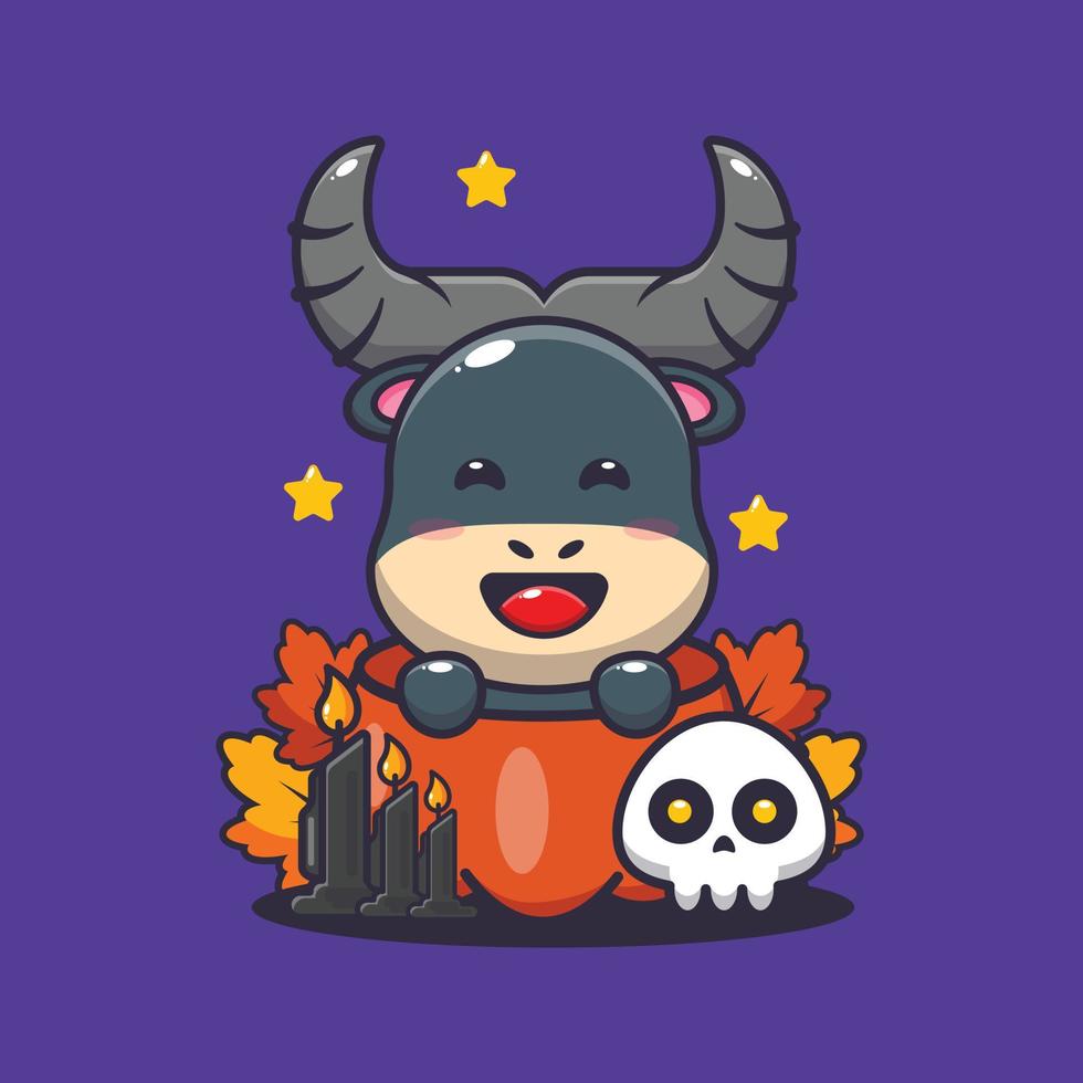 Cute buffalo in halloween pumpkin. Cute halloween cartoon illustration. vector