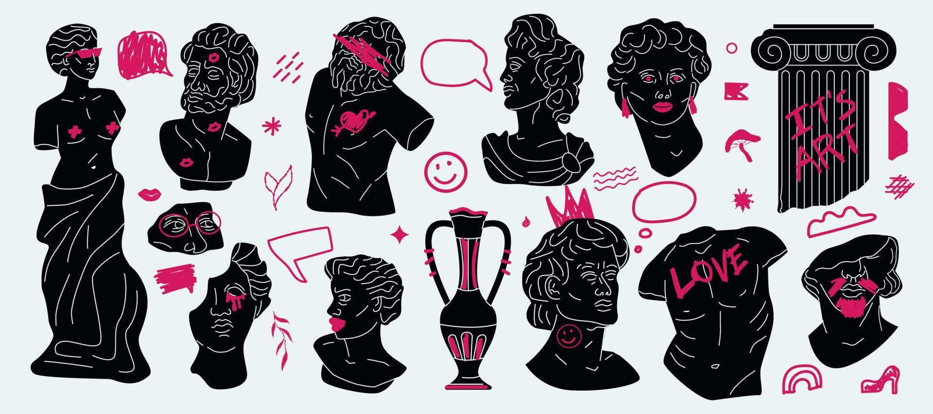 Strange stylized figures of Greek statues with doodle elements. Punk scratch collage. vector