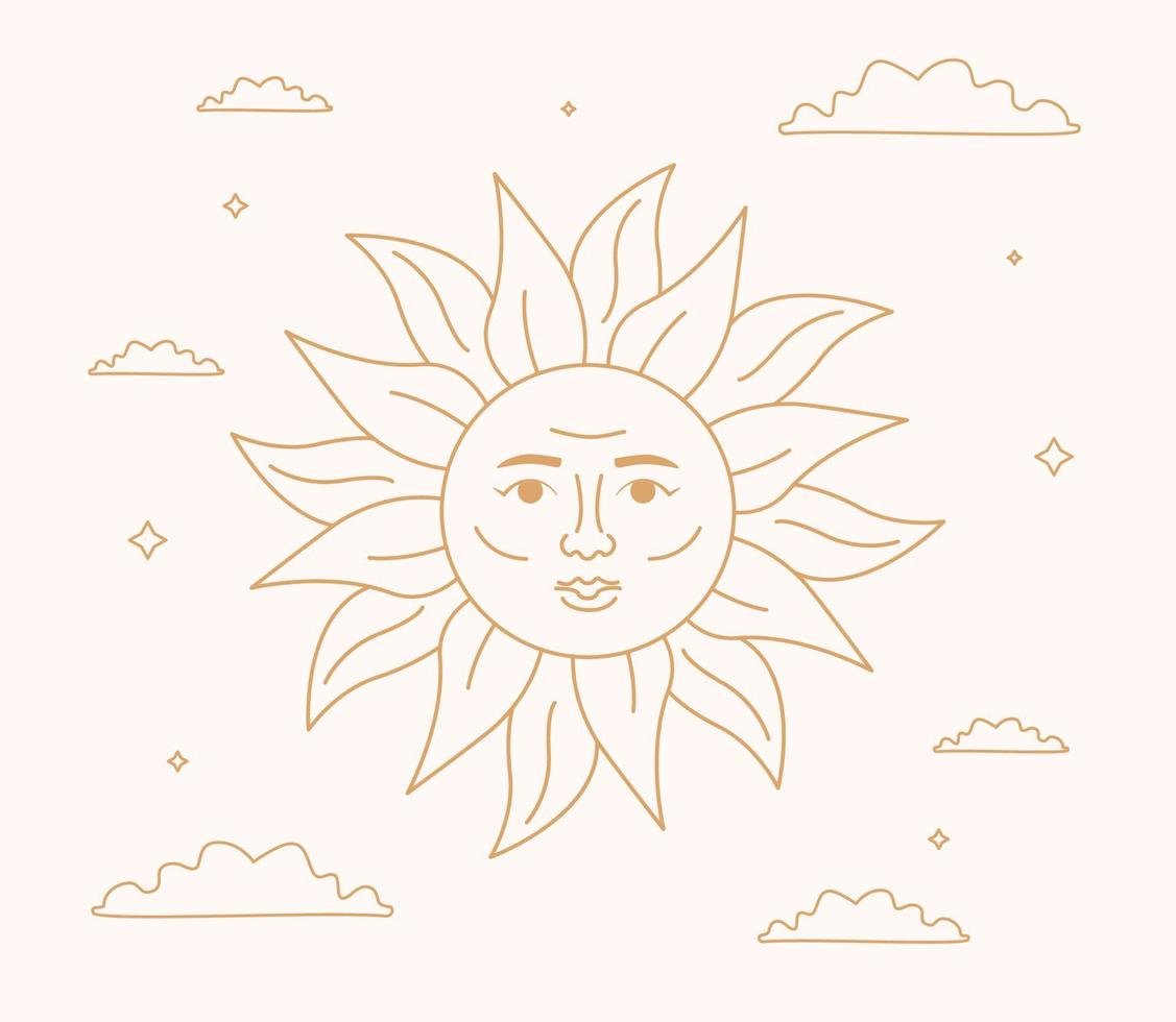 A mystical outlined sun with face. Golden celestial artwork, graphic insignia. vector