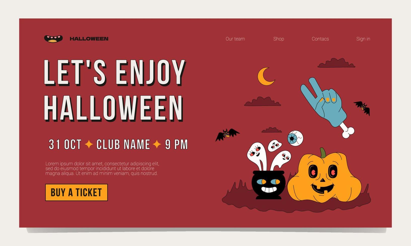 Funny trendy landing page template for a Halloween party. Outlined design with pumpkin, bats, ghosts and hands with bone. vector