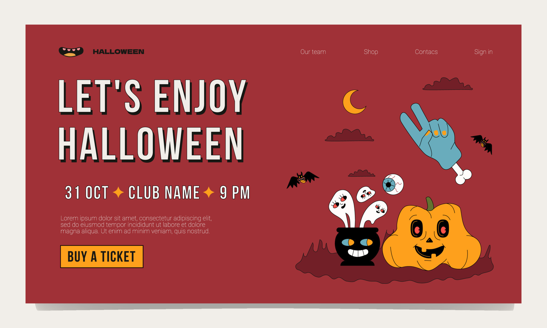 Funny trendy landing page template for a Halloween party. Outlined design with pumpkin, bats, ghosts and hands with bone. 12749655 Vector Art at Vecteezy Funny trendy landing page template for a Halloween party. Outlined design with pumpkin, bats, ghosts and hands with bone. 12749655 Vector Art at Vecteezy
