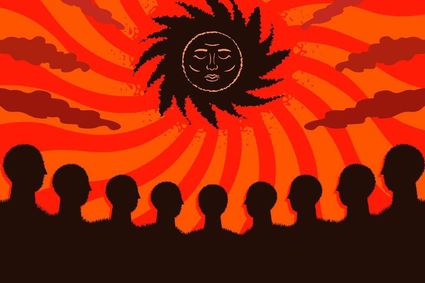 The black sun and the crowd. A symbol of the mentality and submissive attitude of the Russian nation. The concept of collective trauma of generations of citizens of the dictatorial regime. vector