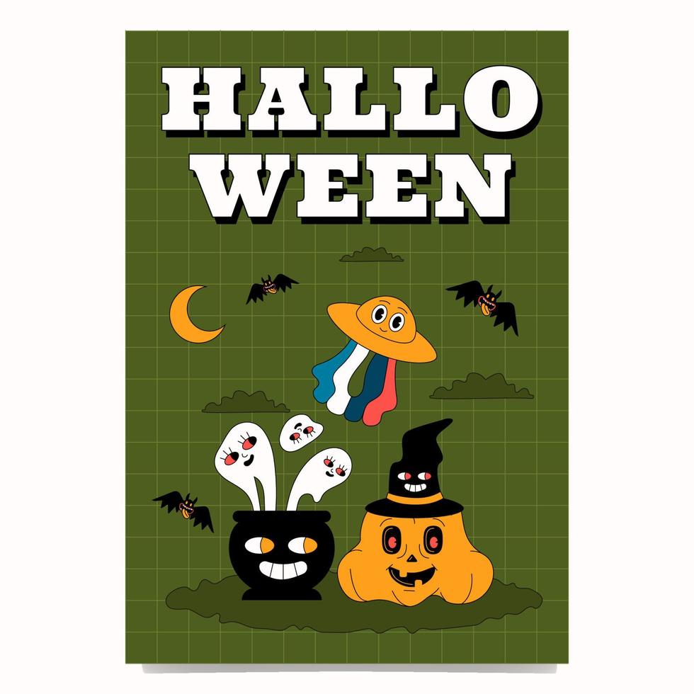 Trending groovy placard template for Halloween party. The poster is stylized as cartoons of 1970s, 1960s. vector
