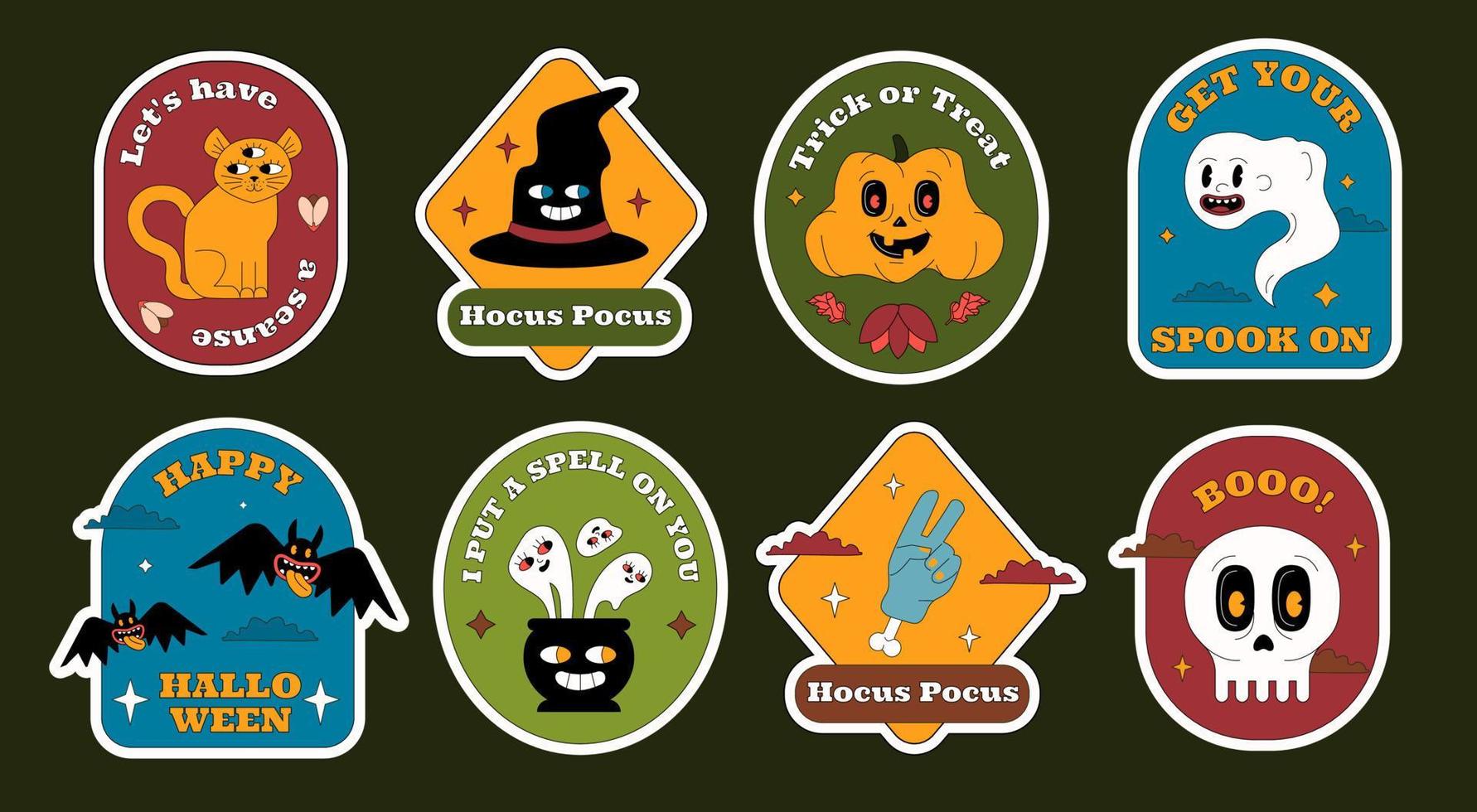 A set of geometric Halloween stickers with funny and scary characters and quotes. Trendy outlined style. vector