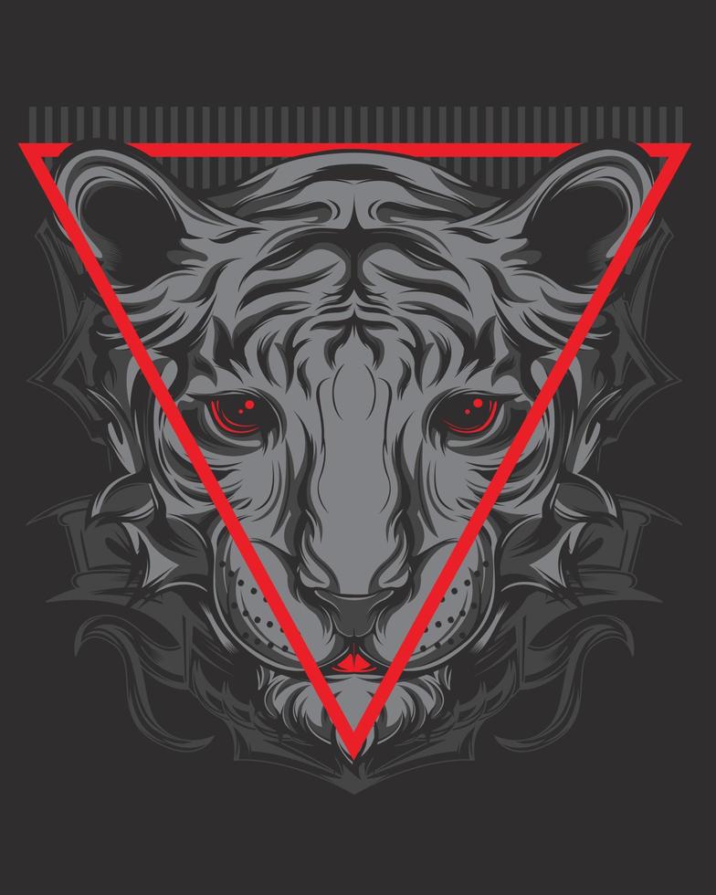 Vector artwork illustration of a very fierce white tiger head, plus a red inverted triangle symbol