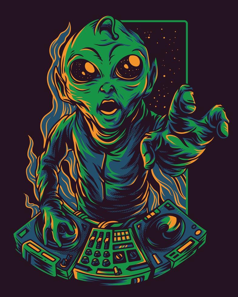 green alien vector artwork illustration playing dj