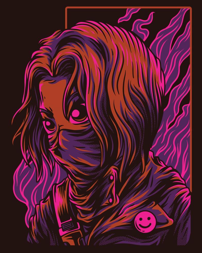 ilustraciones vectoriales de una chica que se convierte en ninja o en una persona misteriosa vector