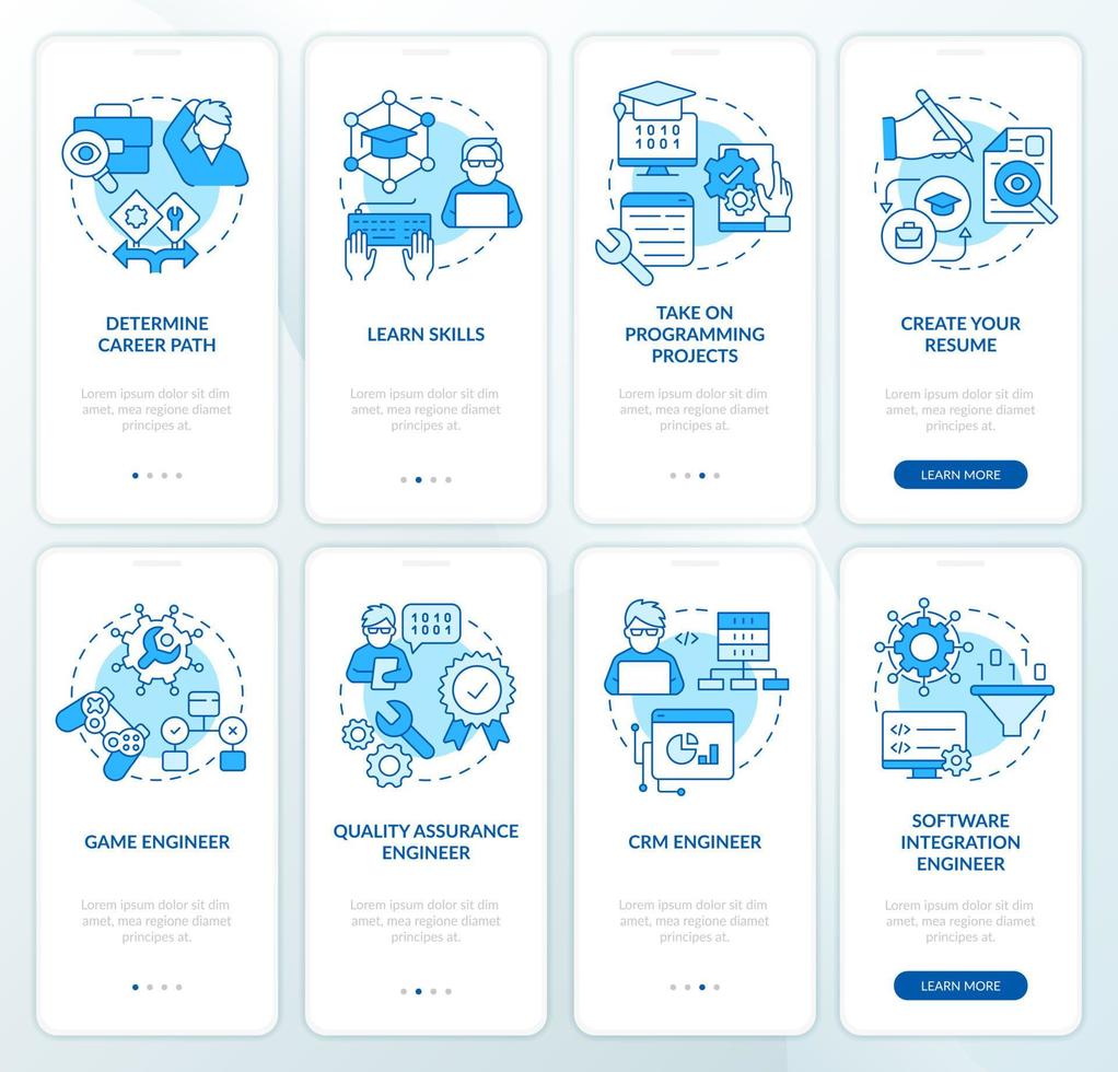 desarrollador de software profesión conjunto de pantalla de aplicación móvil de incorporación azul. tutorial 5 pasos instrucciones gráficas editables con conceptos lineales. interfaz de usuario, ux, plantilla de interfaz gráfica de usuario. vector