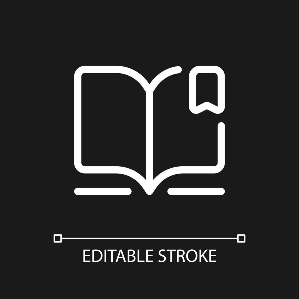Reading e book pixel perfect white linear ui icon for dark theme. Digital library. Education. Vector line pictogram. Isolated user interface symbol for night mode. Editable stroke.