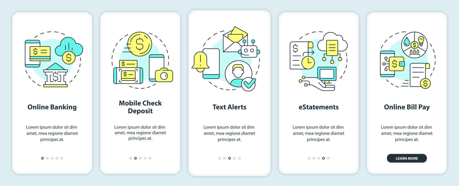 Digitization banking onboarding mobile app screen. Technology walkthrough 5 steps editable graphic instructions with linear concepts. UI, UX, GUI template. vector