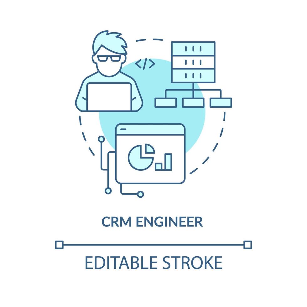 CRM engineer turquoise concept icon. Customer relationship. Software engineer path abstract idea thin line illustration. Isolated outline drawing. Editable stroke. vector