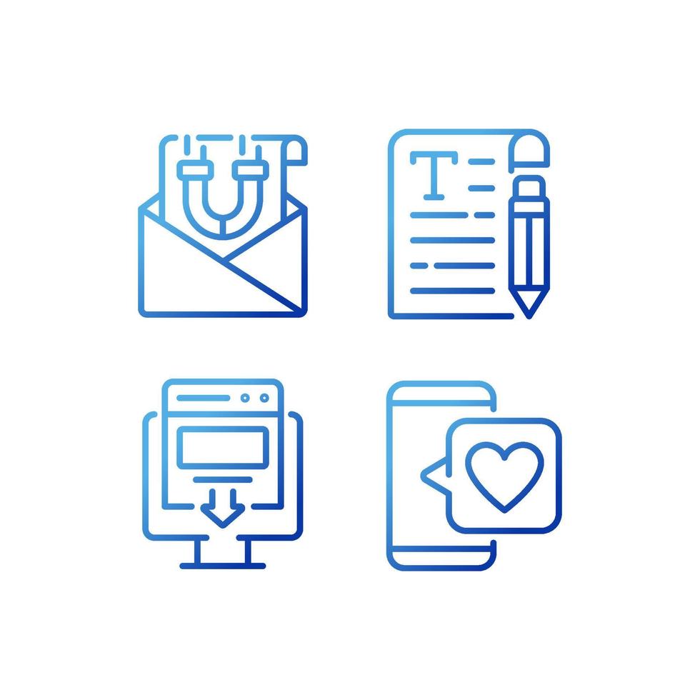 Create content for attract customers pixel perfect gradient linear vector icons set. Email marketing. Landing page. Thin line contour symbol designs bundle. Isolated outline illustrations collection