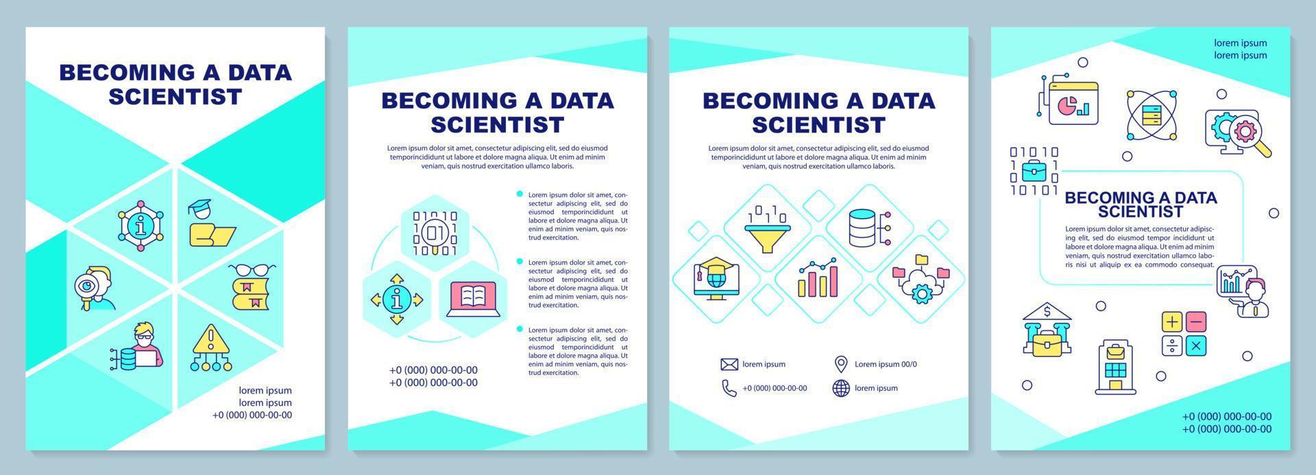 Becoming data scientist brochure template. It branch. Leaflet design with linear icons. Editable 4 vector layouts for presentation, annual reports.