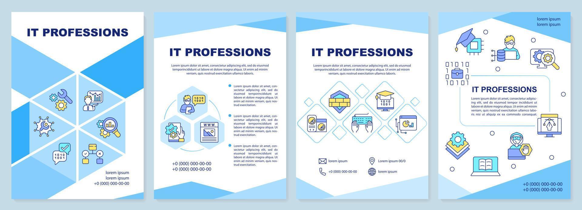 Plantilla de folleto de profesiones de TI. desarrollo y programación. diseño de folletos con iconos lineales. 4 diseños vectoriales editables para presentación, informes anuales. vector