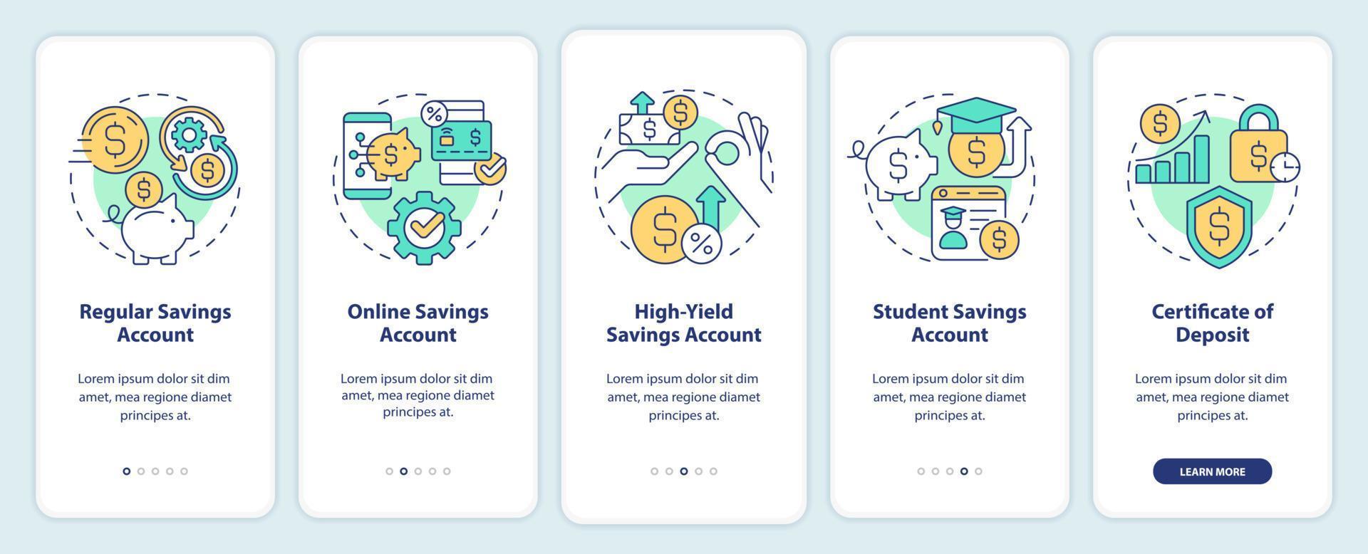 Types of saving accounts onboarding mobile app screen. Banking walkthrough 5 steps editable graphic instructions with linear concepts. UI, UX, GUI template. vector