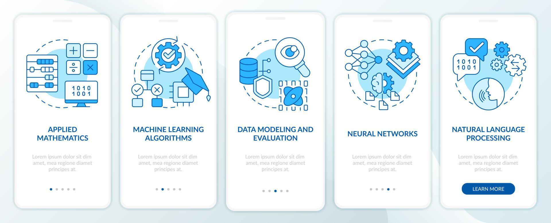Machine learning engineer skills blue onboarding mobile app screen. Walkthrough 5 steps editable graphic instructions with linear concepts. UI, UX, GUI template. vector