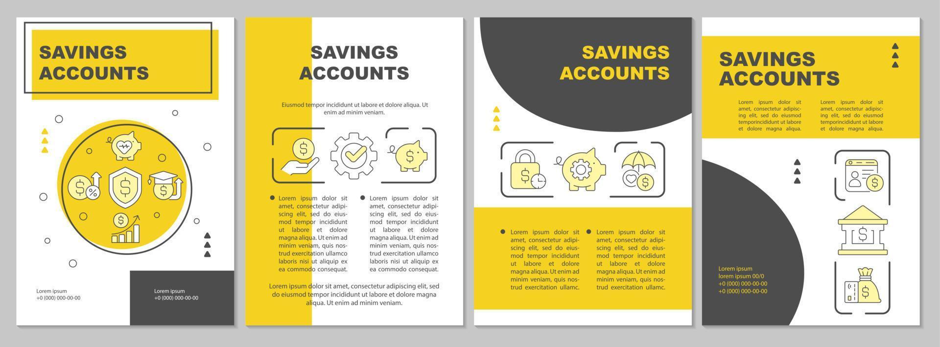 plantilla de folleto amarillo de cuentas de ahorro. administración del dinero. diseño de folletos con iconos lineales. 4 diseños vectoriales editables para presentación, informes anuales. vector