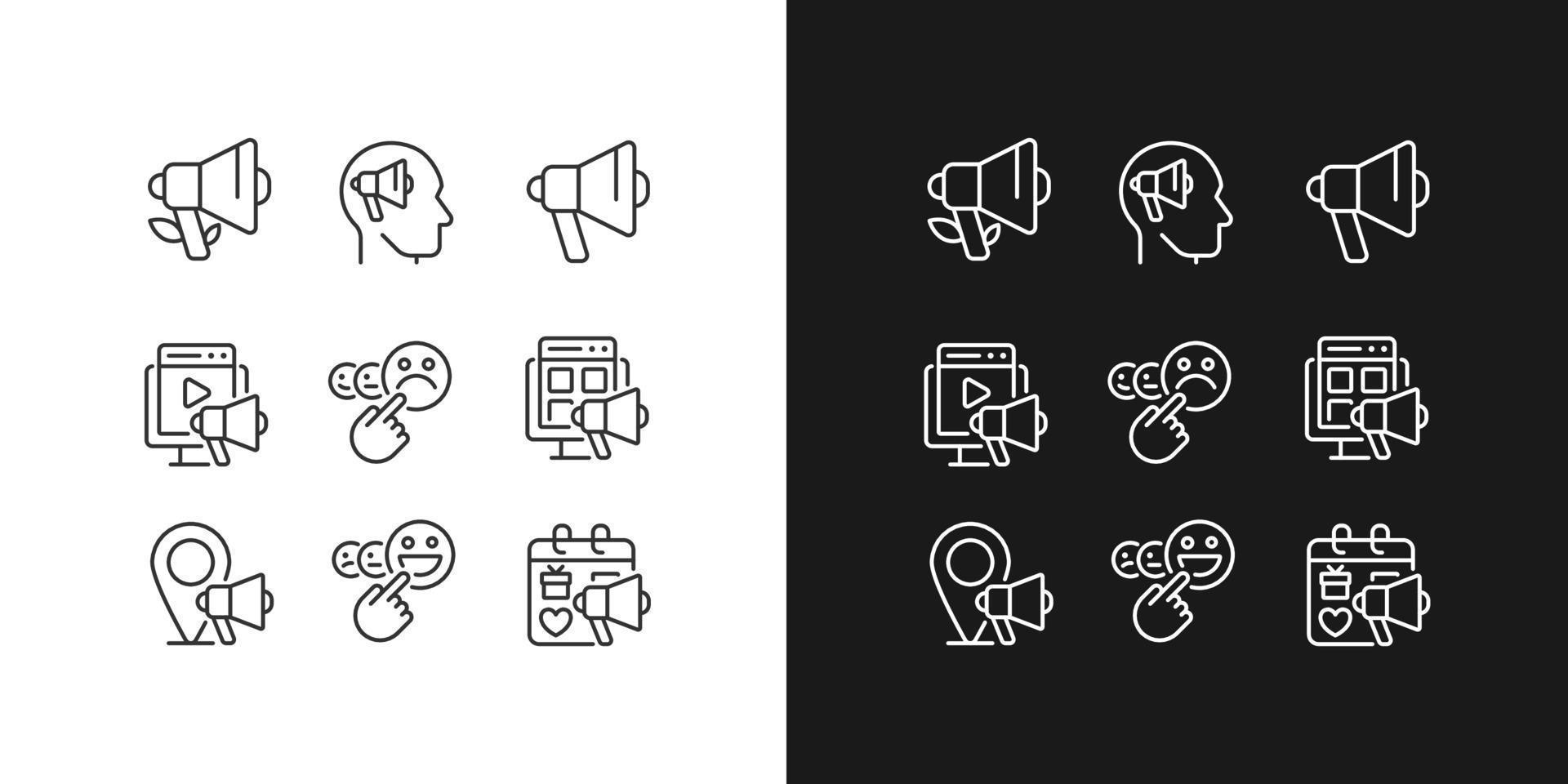 Marketing channels pixel perfect linear icons set for dark, light mode. Customer satisfaction. Brand awareness. Thin line symbols for night, day theme. Isolated illustrations. Editable stroke vector