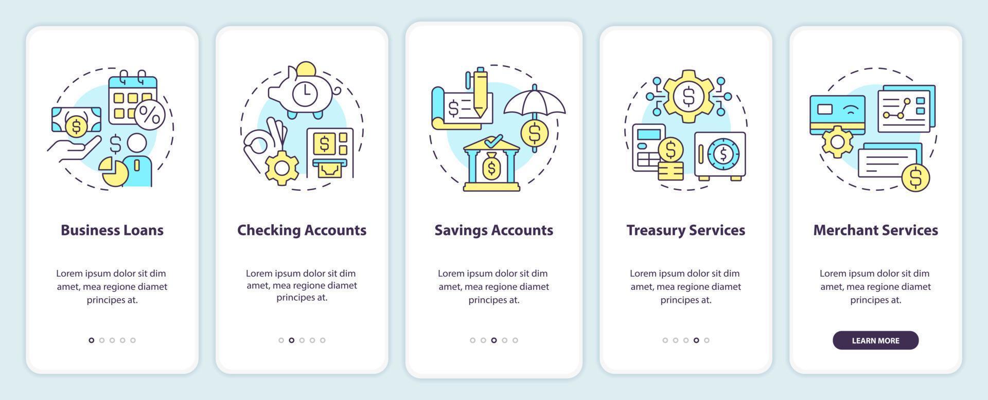 Business banking onboarding mobile app screen. Commerce walkthrough 5 steps editable graphic instructions with linear concepts. UI, UX, GUI template. vector